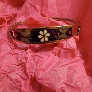 Sterling Silver Mother Of Pearl Floral Enamel Bangle Bracelet